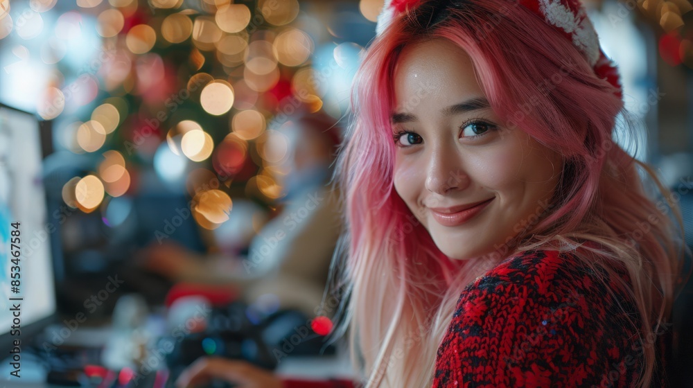 Christmassy office. Happy young asian female office worker with pink hair dressed as santa claus working at computer with business team at xmas holiday period. Christmassy office. Happy young asian female office worker with pink hair dressed as santa claus working at computer with business team at xmas holiday period.