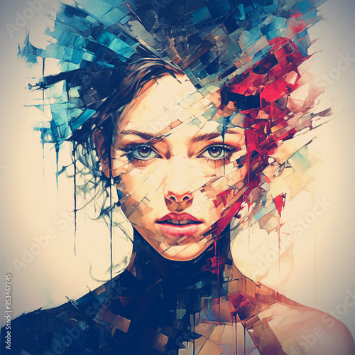 abstract painting of beautiful woman, mental health, broken, unhappy, intense, moody