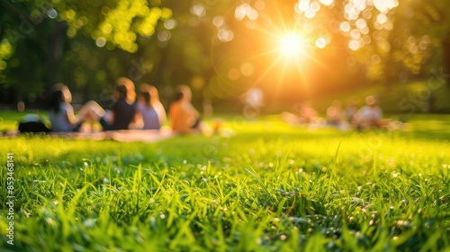 Fototapeta Naklejka Na Ścianę i Meble -  Group of friends enjoying a sunny picnic in a lush green park, capturing the essence of outdoor leisure and relaxation.