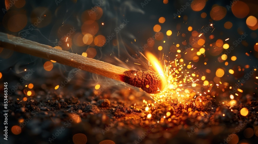 Macro shot of a matchstick igniting with bright orange sparks and glowing embers in a dark background Macro shot of a matchstick igniting with bright orange sparks and glowing embers in a dark background