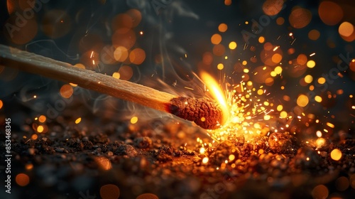 Macro shot of a matchstick igniting with bright orange sparks and glowing embers in a dark background
