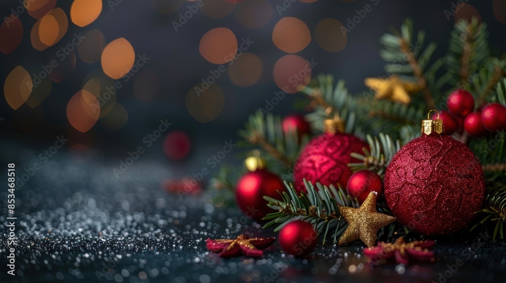 Red Christmas ornaments and gold stars on a festive branch, surrounded by soft bokeh lights, creating a warm holiday scene. Red Christmas ornaments and gold stars on a festive branch, surrounded by soft bokeh lights, creating a warm holiday scene.