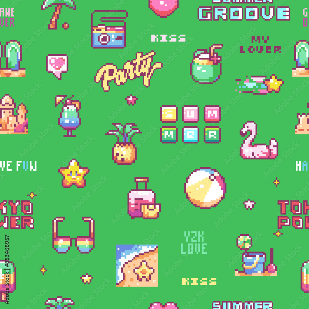 Pixel Art Summer Party Seamless Pattern. 8bit Retro Y2K Game Texture Background in Vibrant Green Pixel Art Summer Party Seamless Pattern. 8bit Retro Y2K Game Texture Background in Vibrant Green