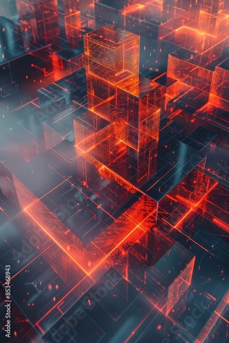 A visually striking digital artwork depicting a futuristic cityscape with glowing red and orange geometric structures, evoking a cyberpunk aesthetic.