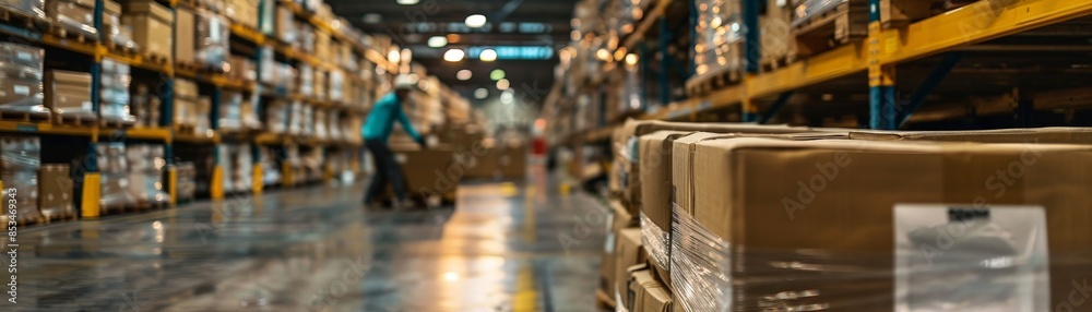 Obraz premium A bustling warehouse with rows of stacked boxes and a worker moving a pallet, showcasing industrial storage and logistics.