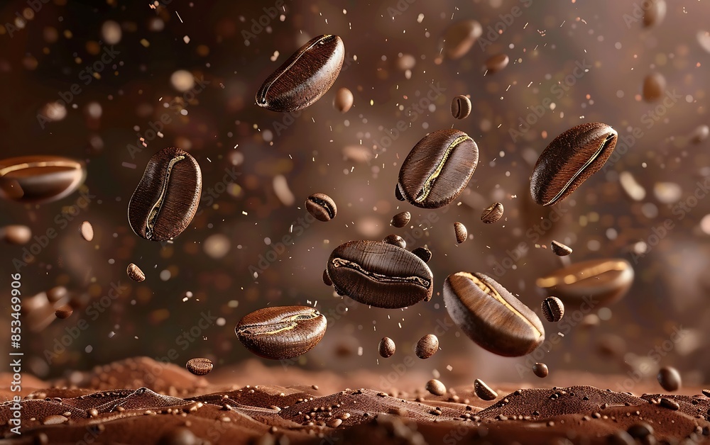 Coffee beans falling in the air close up Coffee beans falling in the air close up