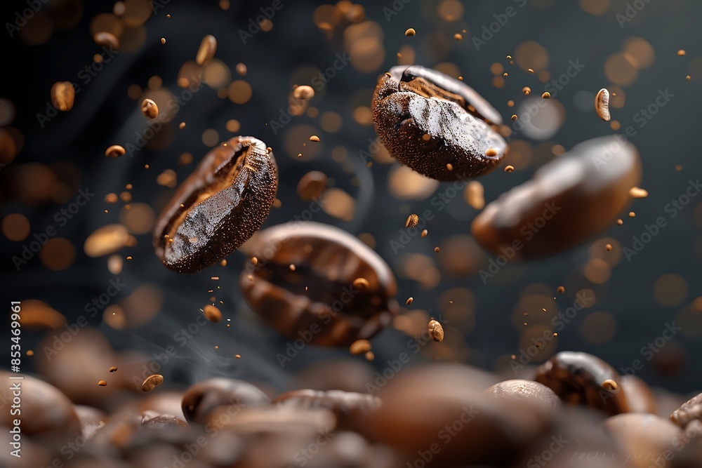 Coffee beans falling in the air close up Coffee beans falling in the air close up