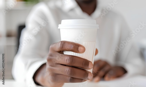  Close up of African American man holding coffee cup in office, focus on hand and white take away paper cup with logo. blurred background