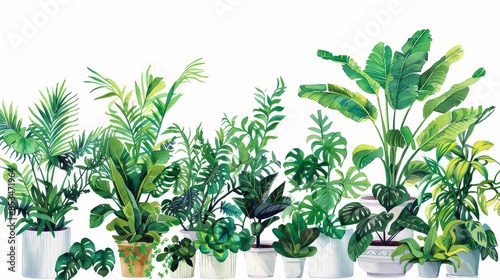 A Watercolor Arrangement of Tropical Plants - A watercolor illustration featuring a collection of potted tropical plants, creating a lush and vibrant scene.