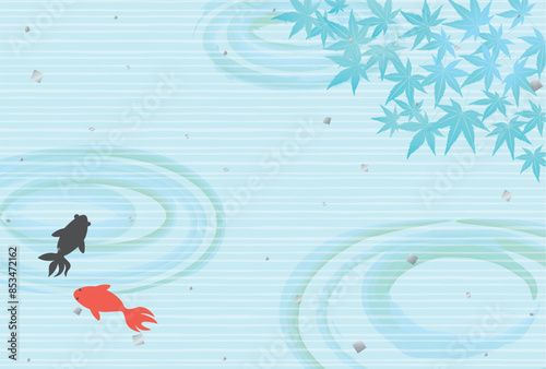 金魚と青もみじの夏の波紋和風背景（はがきサイズ）