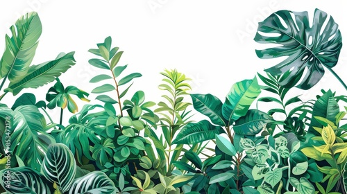 Lush Green Tropical Foliage Illustration - A vibrant illustration featuring an array of tropical foliage, including monstera, banana, and palm leaves, set against a white background.