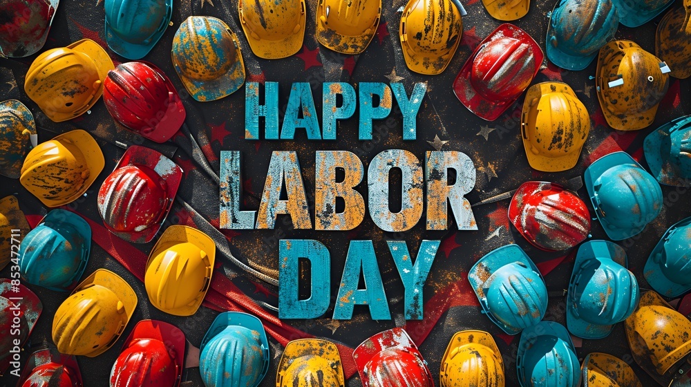 HAPPY LABOR DAY” sign - graphic resource - full screen background - bold letters - hard hats - organized labor - American flag - patriotic HAPPY LABOR DAY” sign - graphic resource - full screen background - bold letters - hard hats - organized labor - American flag - patriotic