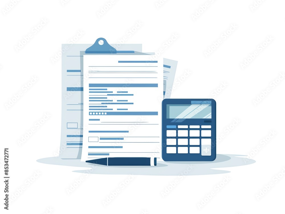 Illustration of financial documents, calculator, and pen. Ideal for business, finance, accounting, and office related themes. Illustration of financial documents, calculator, and pen. Ideal for business, finance, accounting, and office related themes.