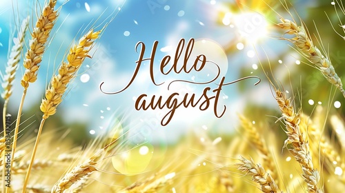 Hello august - text on a background of wheat field in sunny day