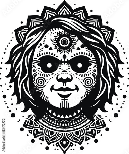 killer doll in silhouete with bohemian nature pattern illustration