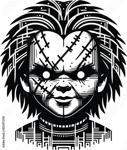 killer doll silhouete with cyberpunk pattern illustration