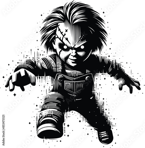 killer doll silhouete with cyberpunk pattern illustration