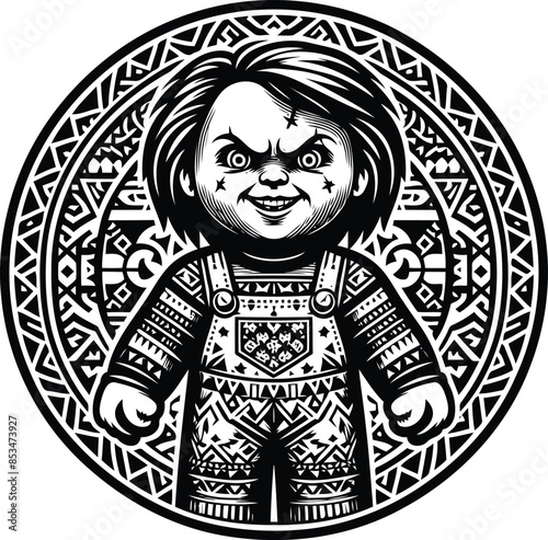 killer doll  in silhouete with Polynesian ethnic pattern illustration
