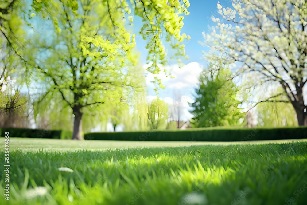 Naklejka premium Beautiful blurred background image of spring nature with a neatly trimmed lawn surrounded by trees against a blue sky with clouds on a bright sunny day.