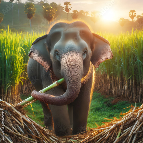 An elephant is eating sugarcane fields.