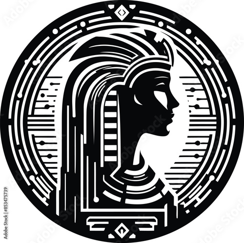 cleopatra silhouete with cyberpunk pattern illustration