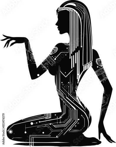 cleopatra silhouete with cyberpunk pattern illustration