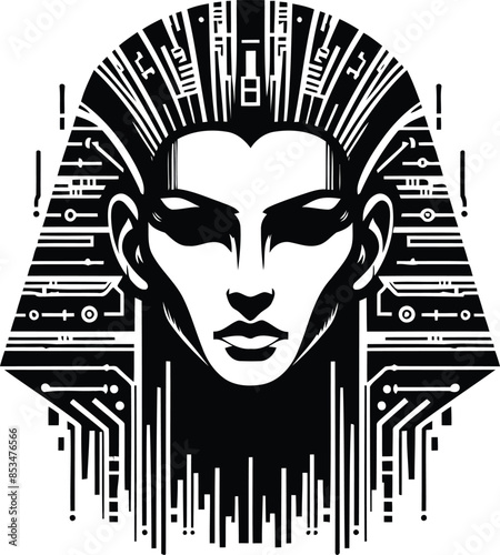 cleopatra silhouete with cyberpunk pattern illustration