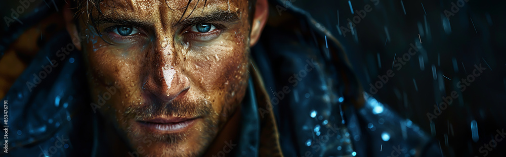 Determined Person in Rain, Emotional Expression, Grit, Intensity, Resilience Determined Person in Rain, Emotional Expression, Grit, Intensity, Resilience