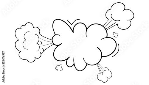 Comic speed motion effect, clouds way, trail set fast wind swirl, puff poof elements isolated on white background. Blow explosion