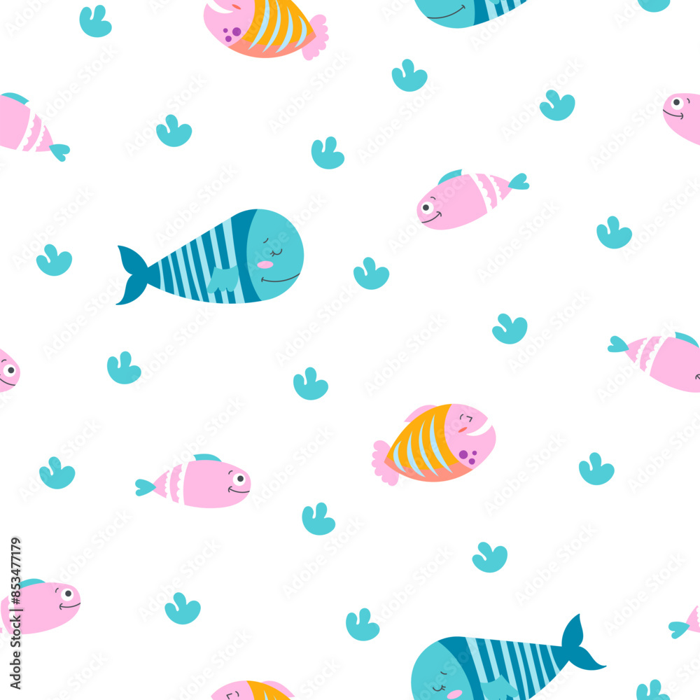 Cartoon aquatic animals. Seamless pattern. Fish characters underwater world. Marine life. Vector drawing. Design ornaments. Cartoon aquatic animals. Seamless pattern. Fish characters underwater world. Marine life. Vector drawing. Design ornaments.
