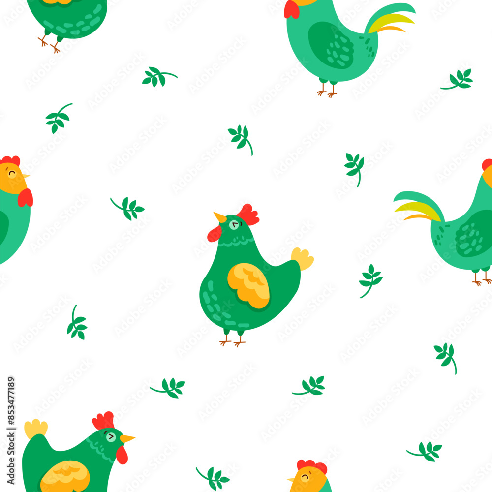 Obraz premium Hen rooster and chick. Seamless pattern. Cute chicken farm characters. Vector drawing. Design ornaments.