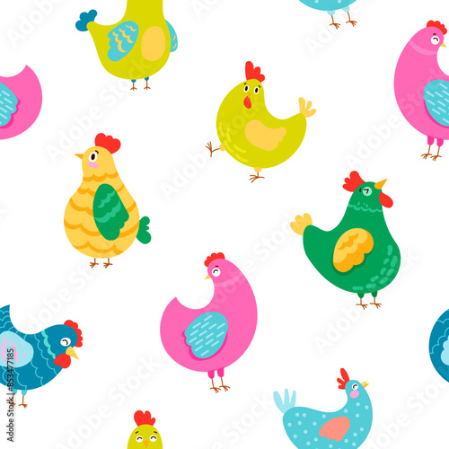 Hen rooster and chick. Seamless pattern. Cute chicken farm characters. Vector drawing. Design ornaments.