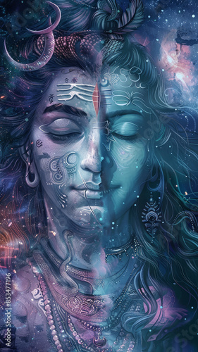 Mystical Portrait of Shiva, Hindu Deity - A digital art portrait depicts the Hindu god Shiva with a serene expression, his face adorned with intricate patterns and a third eye, set against a cosmic