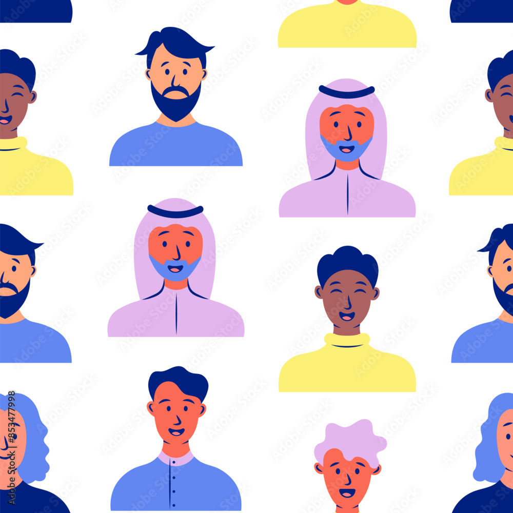 Men avatars. Seamless pattern. Portrait of casual male with different hairstyles and outfits. User profiles. Hand drawn style. Vector drawing. Design ornaments. Men avatars. Seamless pattern. Portrait of casual male with different hairstyles and outfits. User profiles. Hand drawn style. Vector drawing. Design ornaments.