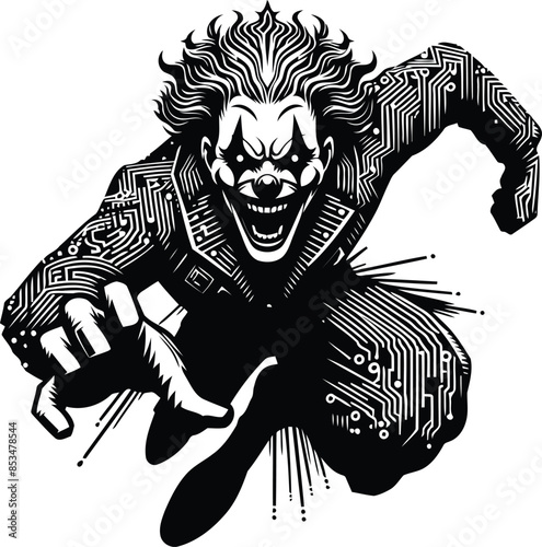 crazy clown silhouete with cyberpunk pattern illustration