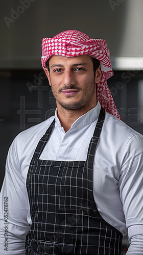 Confident Chef in Traditional Attire with Red Keffiyeh and Apron in Modern Kitchen photo