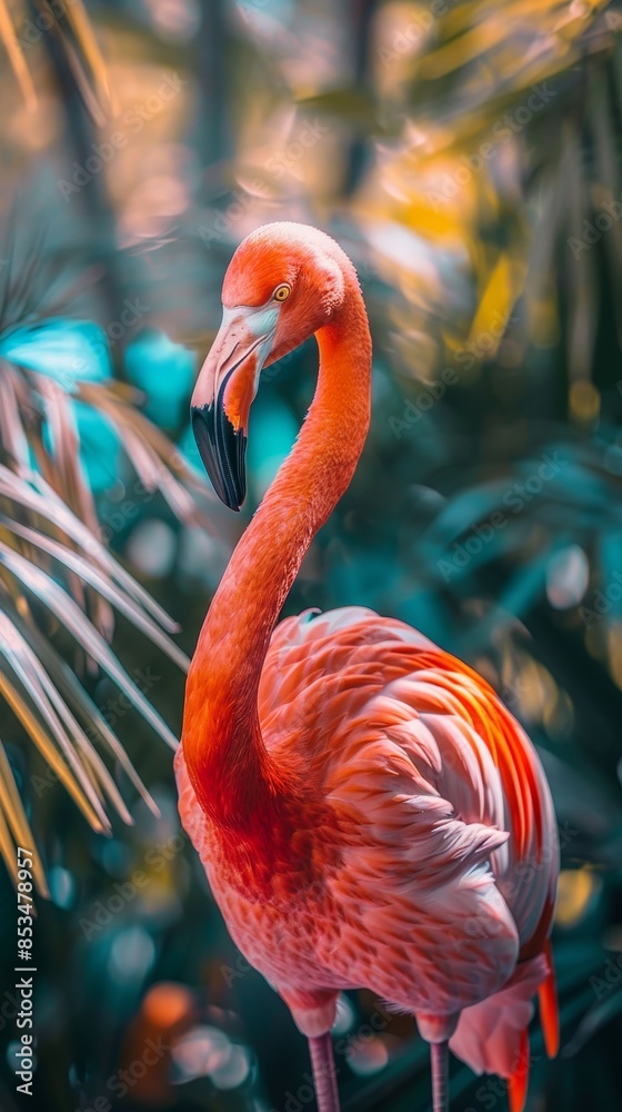 Fototapeta premium Pink flamingo in a full body portrait, light airy background, graceful stance, detailed and vibrant