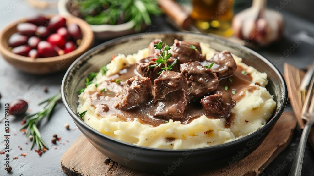 Ready-to-serve Beef Stroganoff with creamy mashed potatoes, rich sauce poured over, elegant and appetizing arrangement Ready-to-serve Beef Stroganoff with creamy mashed potatoes, rich sauce poured over, elegant and appetizing arrangement