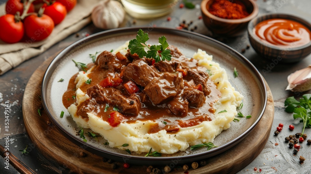 Ready-to-serve Beef Stroganoff with creamy mashed potatoes, rich sauce poured over, elegant and appetizing arrangement Ready-to-serve Beef Stroganoff with creamy mashed potatoes, rich sauce poured over, elegant and appetizing arrangement