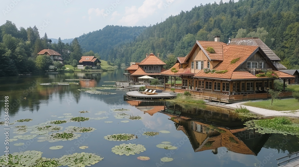 Scenic Lakefront House with Red Roofs and Lush Forested Hills in Serene Landscape Scenic Lakefront House with Red Roofs and Lush Forested Hills in Serene Landscape