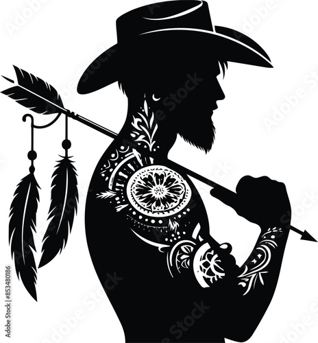 cowboy in silhouete with bohemian nature pattern illustration