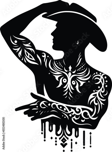 cowboy in silhouete with bohemian nature pattern illustration
