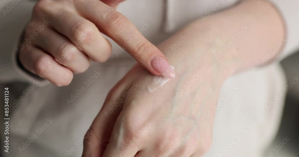 Woman spreads moisturizing cream on hands skin by finger Woman spreads moisturizing cream on hands skin by finger