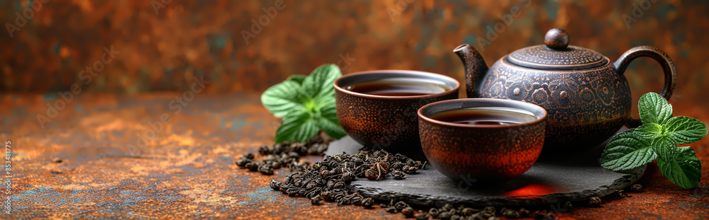 Rustic Tea Ceremony with Black Tea Leaves, Mint, and Traditional Clay Teapot Rustic Tea Ceremony with Black Tea Leaves, Mint, and Traditional Clay Teapot
