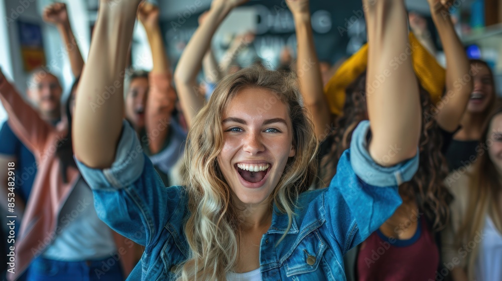 Fototapeta premium A young woman enthusiastically cheers with a crowd, expressing joy and excitement, creating a lively and energetic atmosphere.