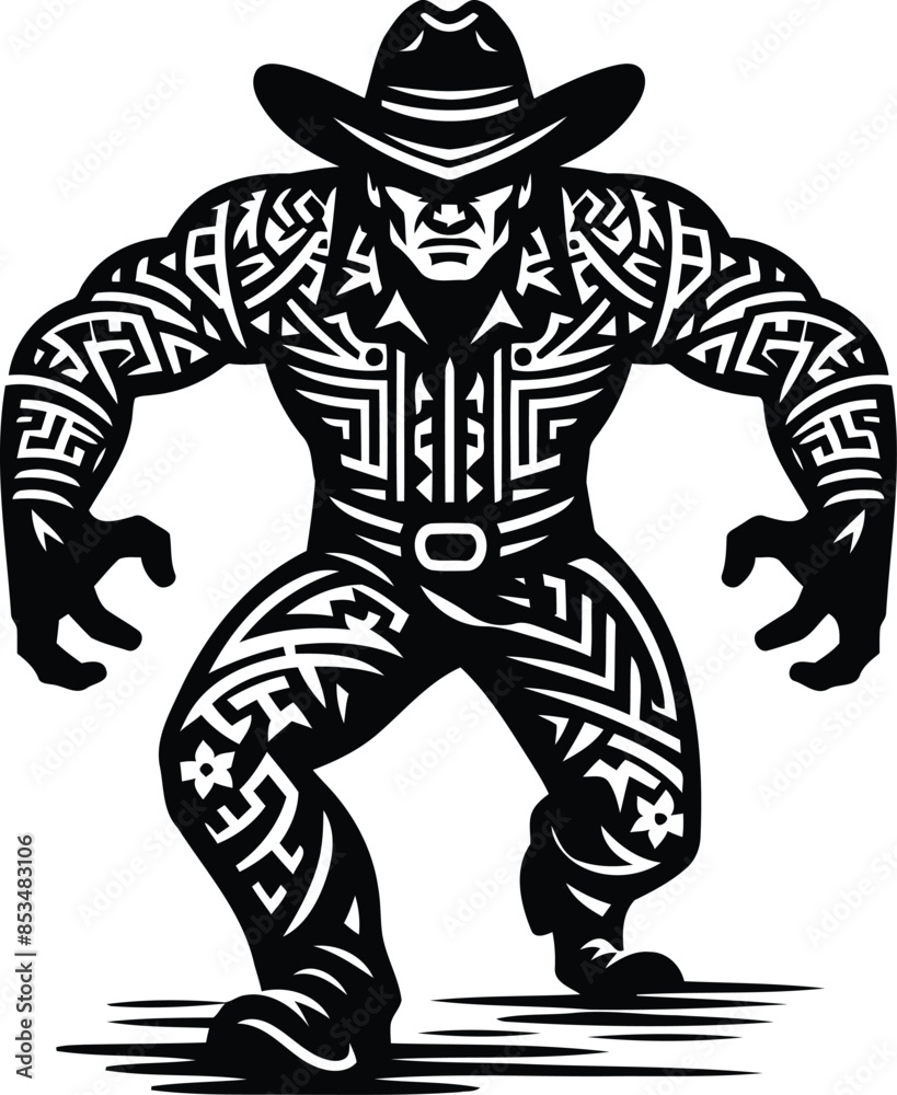 cowboy silhouete with Polynesian ethnic pattern illustration cowboy silhouete with Polynesian ethnic pattern illustration