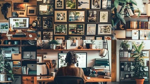 A collage of remote team members video conferencing from their home offices.