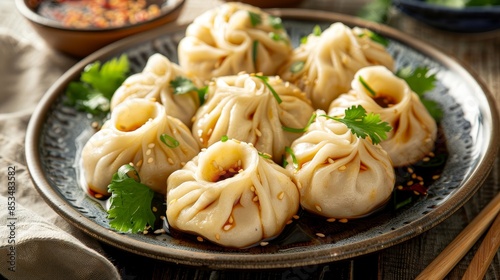 Traditional spicy soup dumplings, elegantly plated, rich and vibrant colors, ready to serve, bursting with cultural flavors