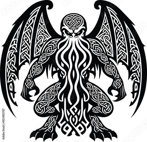 cthulu in silhouete with celtic knot pattern illustration