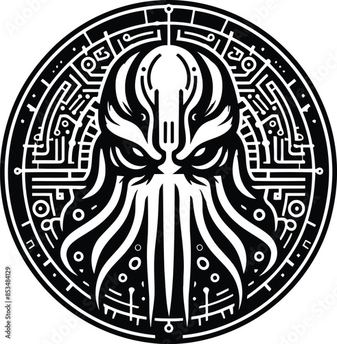 cthulu silhouete with cyberpunk pattern illustration
